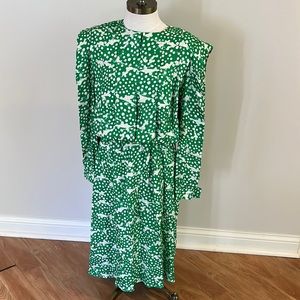 Vintage 1980’s 90’s green and white print dress size M